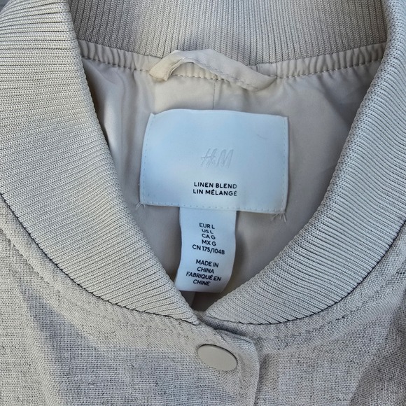 H&M Linen Blend Bomber Jacket, Snap Front Light Beige Lightweight Women's Large - Picture 3 of 7
